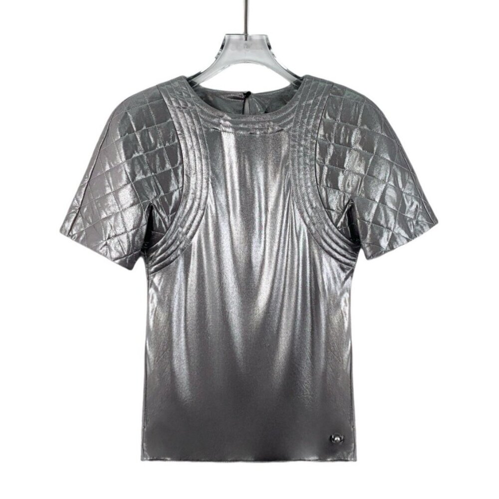 Chanel Silver Diamond-Quilt Pattern Crewneck Shor… - image 1
